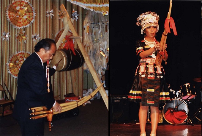 Master Hmong qeej musician Wang L. Xiong (left) and his daughter Gorlia Xiong.