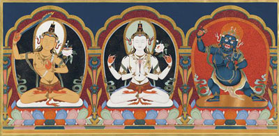 Avalokiteswora, Manjushree and Vajrapani, a thangka painting by master artist Ang Tsherin Sherpa