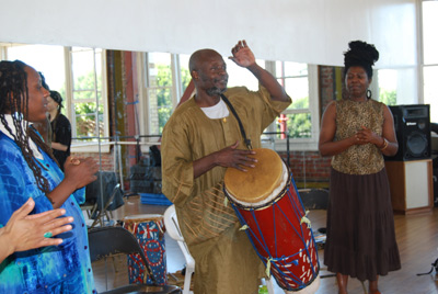 Haitian Voudou drummer Frisner Augustin teaches a workshop in Haitian song and dance in San Francisco.