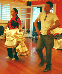 Ruiz demonstrates a specific movement to Gabriela as she tests the use of her skirt which apprentice Stephan’s mother Sonia Sester brought back from Peru.