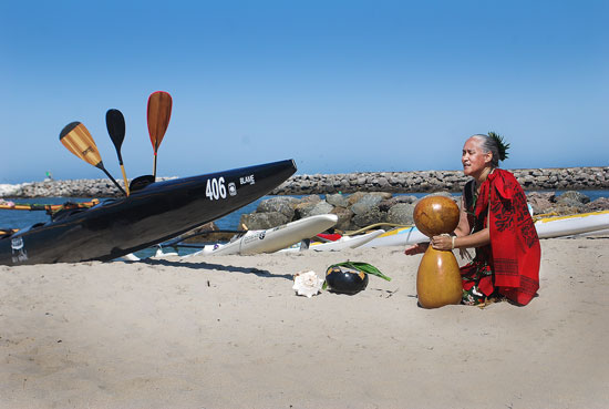 Sylvia Puananiha`aheo Edgar chanting for a blessing of a canoe in Ventura, California