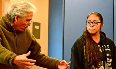 Teatro Campesino co-founder Agustin Lira directing Lucy Chavez  in his recent play “The Conscience of a Bully,” an original show of live music and drama, humor and social commentary about the bullies in our lives. Lira and artistic collaborator Patricia Wells Solorzano will provide theater and music residencies in ACTA’s new Arts in Corrections pilot.