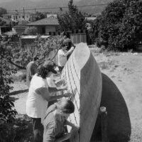 'Elye'wun (a tomol or Chumash plank canoe) during construction. Santa Barbara, California. 1997
