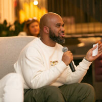 Speaking on an event called Black to the Future. The event was focused on Afrofuturism: food, culture and technology. Photo: unknown, courtesy of the artist.