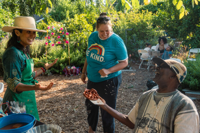Ceramicist Alma Cielo, L, with a participant, and Altadena culture bearer Baba Onochie. Photo. Calethia DeConto/ACTA.
