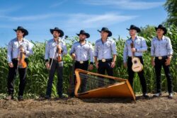 Conjunto de arpa grande, Arpex, con sus instrumentos frente al campo de maíz. Foto: Cortesía del artista.