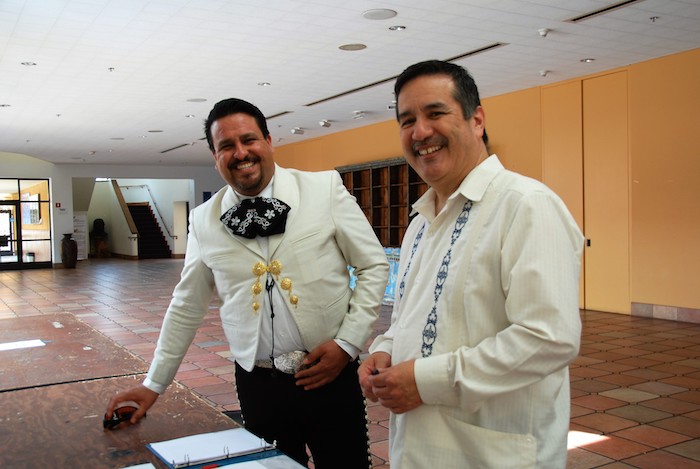 José Chuy Hernández, Mariachero and music instructor with ACTA program manager Russell Rodríguez before recording in the pop-up studio. Photo: Lily Kharrazi/ACTA