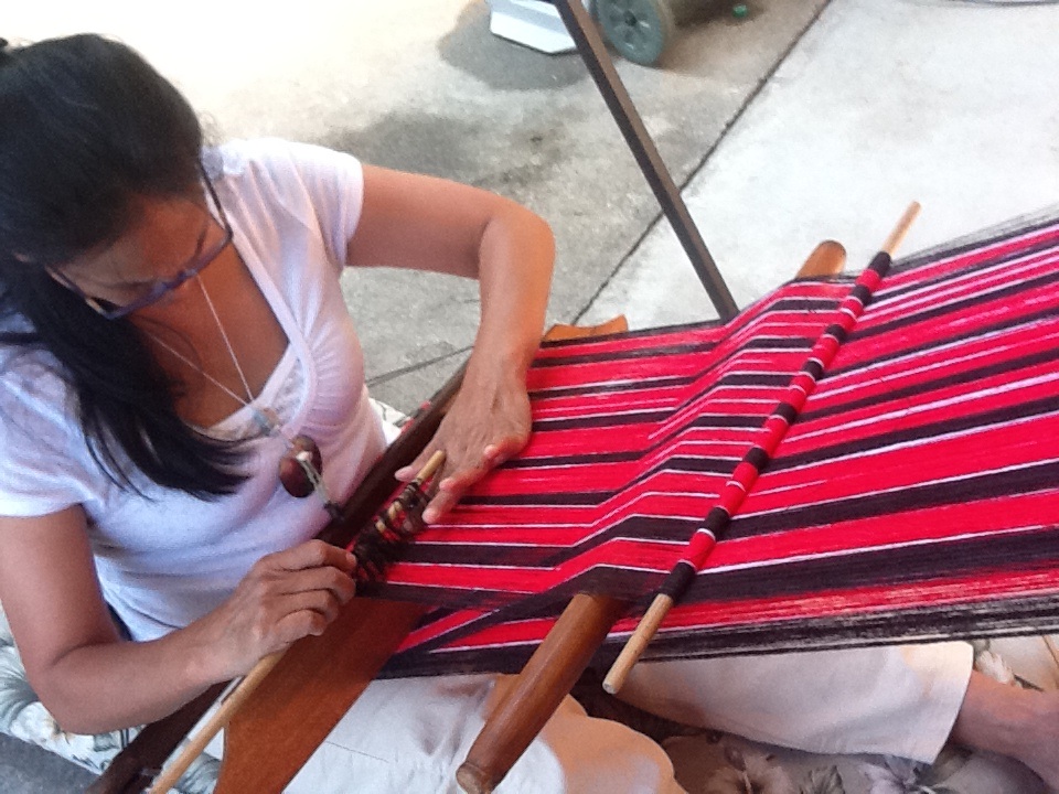 Summer Weaving in Castro Valley: We rigged up the family&amp;#039;s weight lifting rack so I could weave outside. Weaving my tapis (skirt) couldn&amp;#039;t have a happier setting!