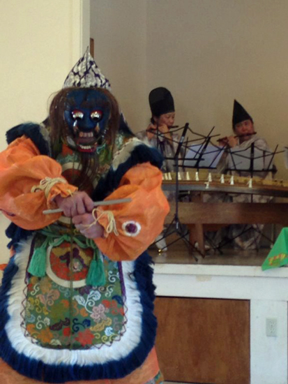 Costumed bugaku dancers accompany traditional Japanese gagaku ensembles (Photo courtesy Kinnara Gagaku)