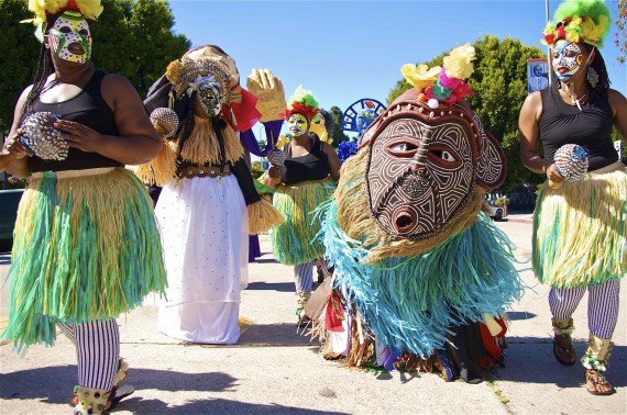 Traditional dancers as part of LA Commons' 2012 Day of the Ancestors: Festival of Masks in Leimert Park in Los Angeles